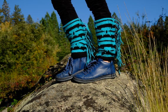 Crochet Legwarmers Turquoise Yellow Stripe S