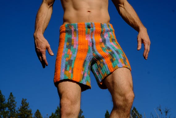 Crochet Booty Shorts Orange Stripes and Turquoise Elastic Waist S