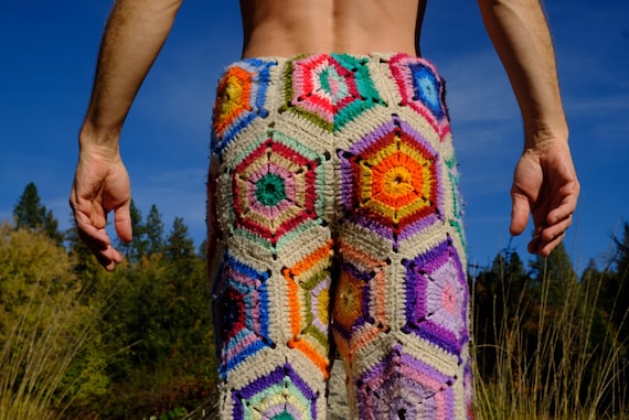 Crochet Pants Multicolor Hexagon Bullseye L