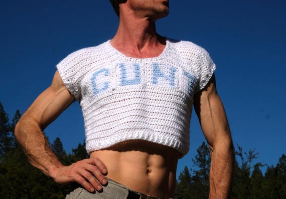 Crochet Crop Top CUNT Light Blue Lettering on White S