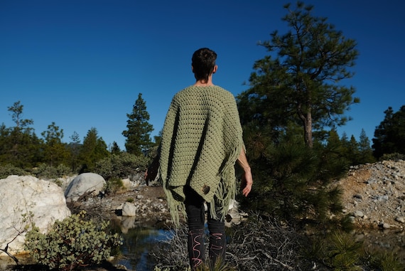 Crochet Poncho Olive Green Fringe M