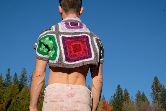 Crochet Shrug Gray Squares Ultra Fluffy M