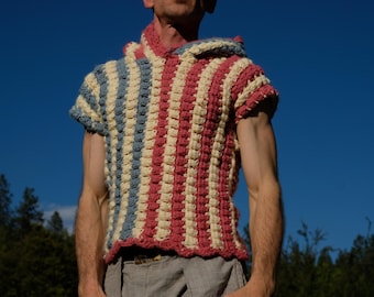 Chaleco de crochet sin mangas, azul claro a rosa, talla XS