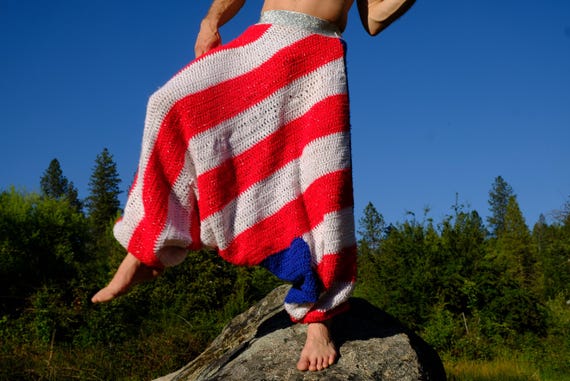 Crochet Hammer Pants Red White and Blue with Sparkles L