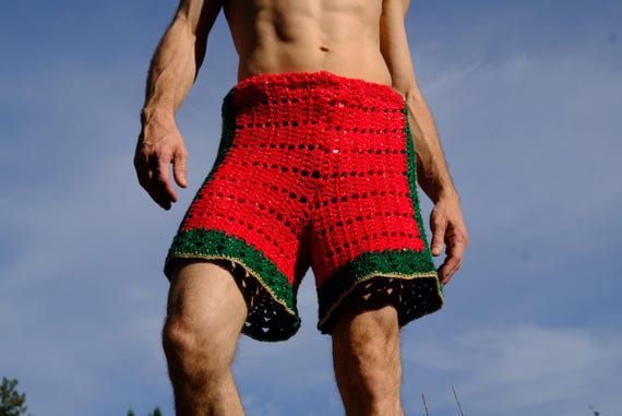 Crochet Shorts Holiday Side Stripe Sparkle Elf Silver Yarn XL