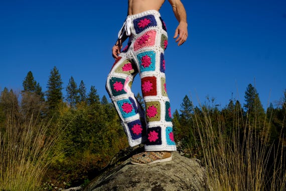 Crochet Pants Purple Flowers Squares on White M