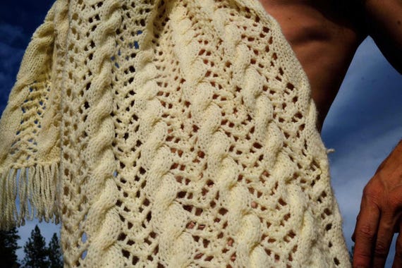 Knit Scarf Handknit Cable Ivory Fringe