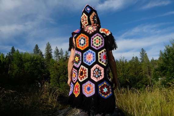 Crochet Hoodie Sleeveless Black Hexagons and Fringe XL