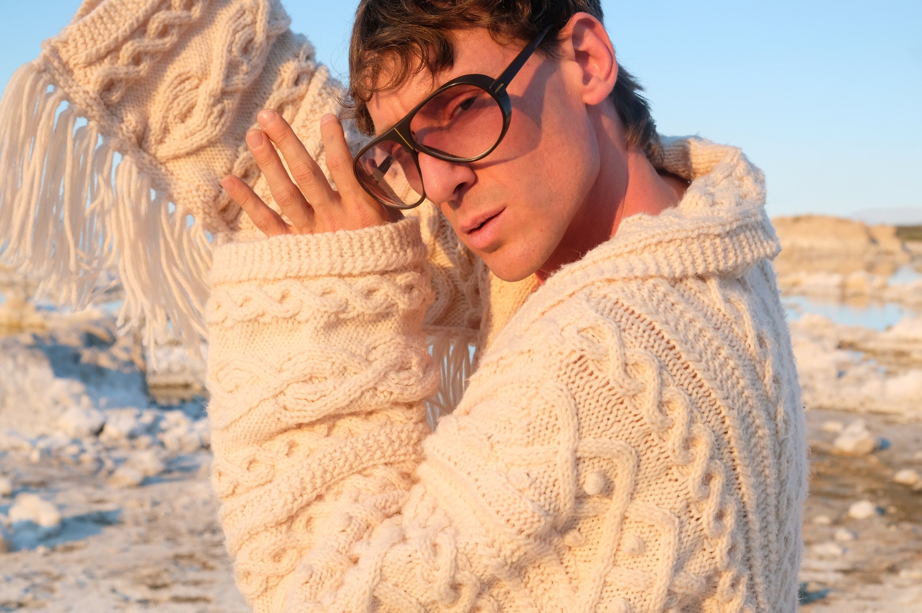 Knit Sweater Robe Long Fringe Cables Plush White L but fits larger and