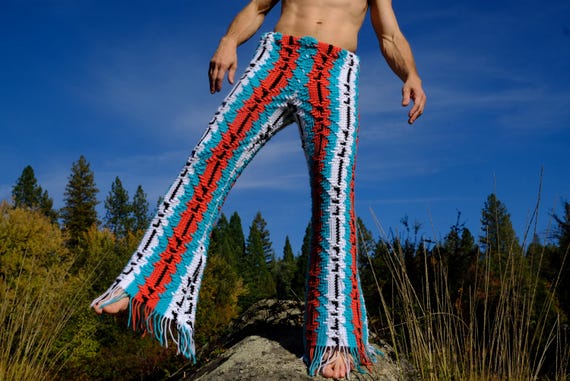 Crochet Pants Red Turquoise Black Stripe Raised 3D Pattern L