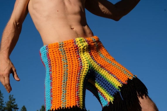 Crochet Shorts Rainbow Stripes with Fringe S