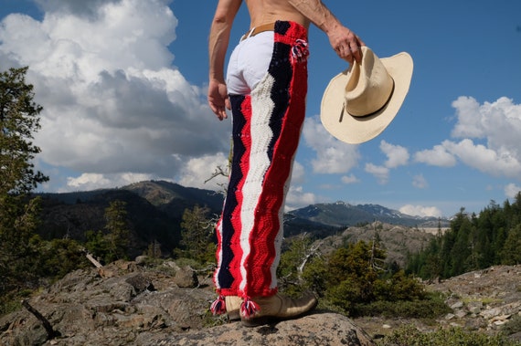 Crochet Chaps Red White and Blue Stripes and Pompoms