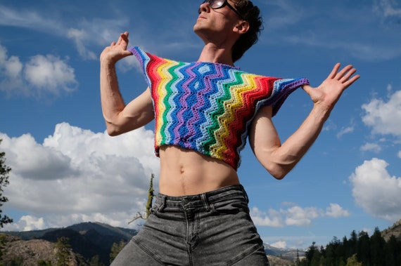 Crochet Crop Top Rainbow ZigZags Galactic Shoulders S