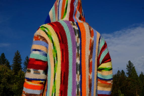 Crochet Hoodie Multicolor Neon Calico Stripes L