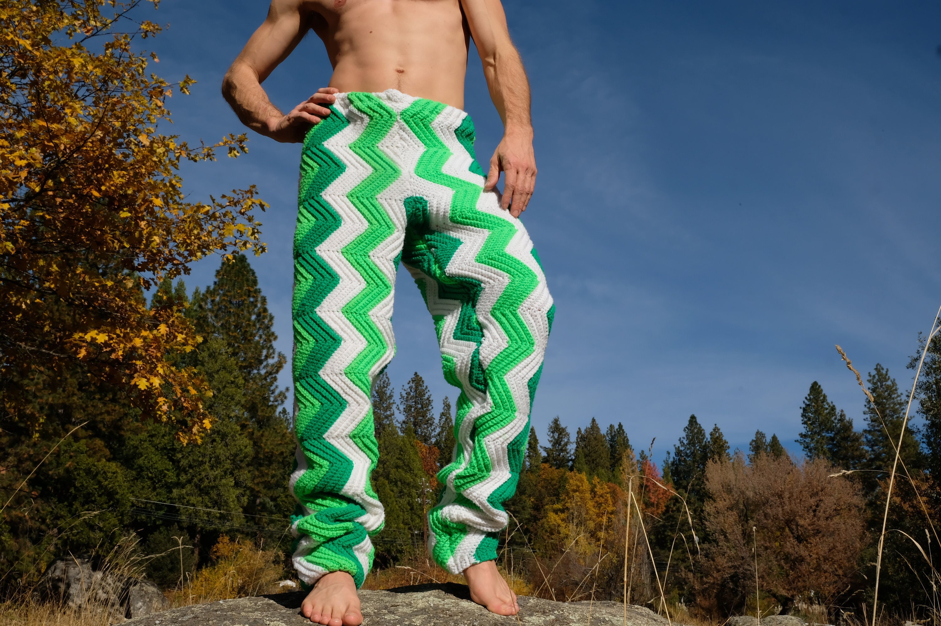 Crochet Pants White Green Chevrons Sweatpants XL