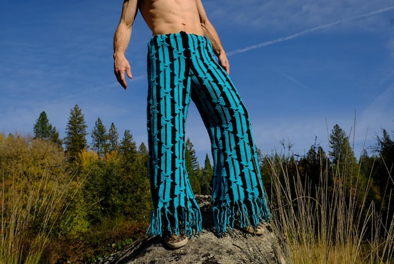 Crochet Pants Turquoise and Black Diamond Stripes Fringe XL