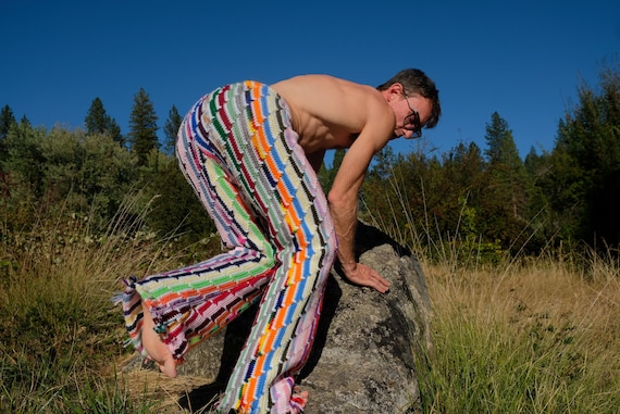 Crochet Pants White and Rainbow Neon OpArt UV Glow L