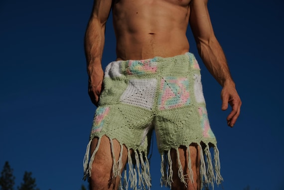 Crochet Shorts Pastel Squares and Fringe XL
