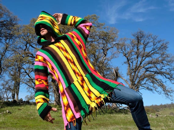 Crochet Drug Rug Neon Baja Hoodie Stripes Oversize M