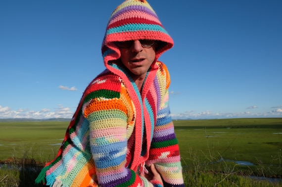Crochet Sweater Hoodie Multicolor Neon Stripes UV Light S