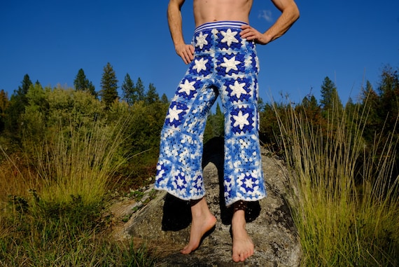 Crochet Pants 3/4 Length Blue Squares and Stars