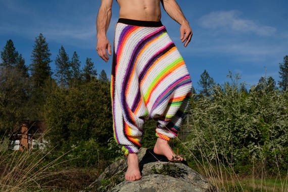 Crochet Harem Pants Neon Stripe on White M
