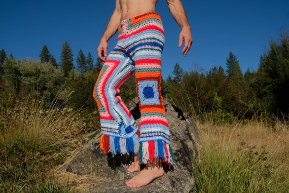 Crochet Pants Orange and Blue Squares and Fringe S