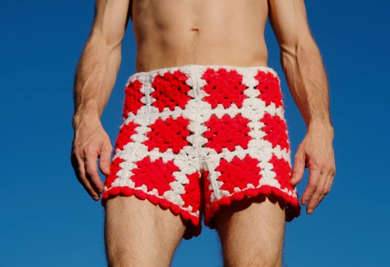 Crochet Booty Shorts Red and White Squares M