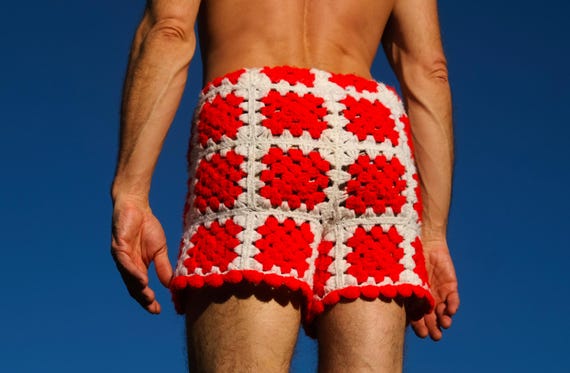 Crochet Booty Shorts Red and White Squares M