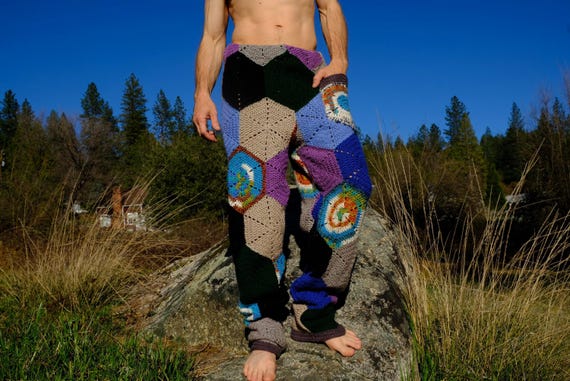 Crochet Comfy Pants Multicolor Hexagons L with Pocket