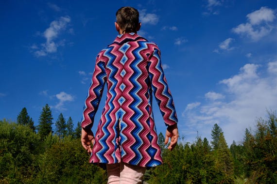 Crochet Tuxedo Riding Coat Purple to Blue Diamond and Chevrons Wool S