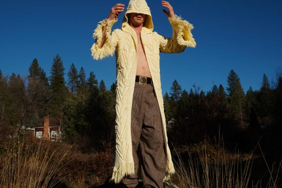 Knit Robe Ivory Interlocking Hearts Full Length Fringe M