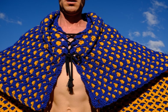 Crochet Cape Blue and Yellow Psychedelic Pattern Lace Up All Sizes