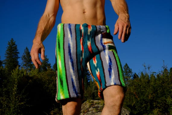 Crochet Board Shorts Southwest Stripe Fringe with Pocket M