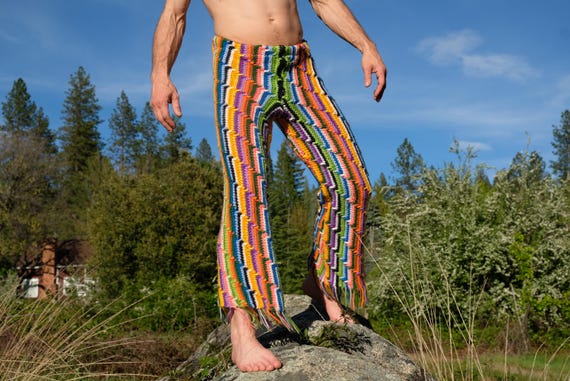 Crochet Pants Rainbow Vertical Stripe and Fringe M