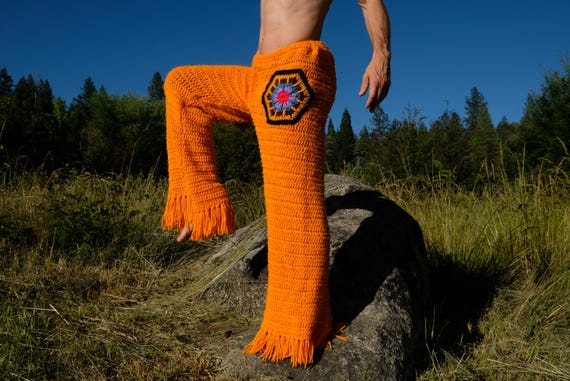 Crochet Pants Bright Gold Flares with Pocket XL