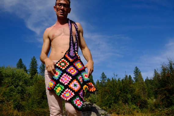 Crochet Tote Diamond Rainbow Granny Squares on Black
