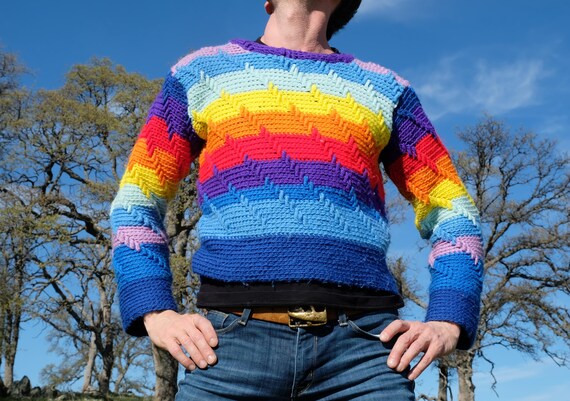 Crochet Pullover Rainbow Stripes M