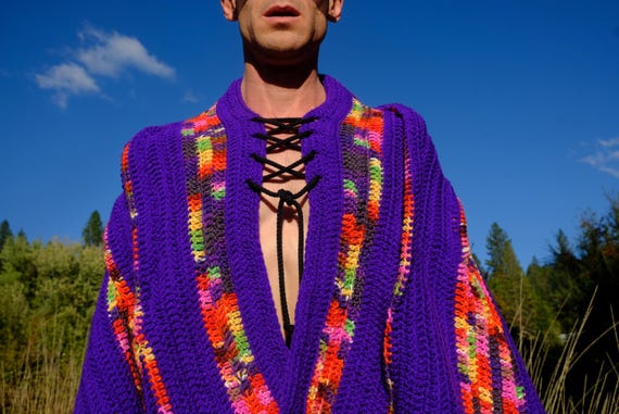 Crochet Cape Purple with Pink Green Accents and Shoulder Points Lace Up All Sizes