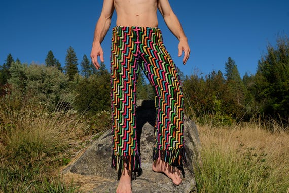 Crochet Pants Black and Rainbow Neon OpArt UV Glow L