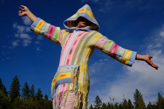 Crochet Hoodie Psychedelic Soft Pastel Stripes S Long
