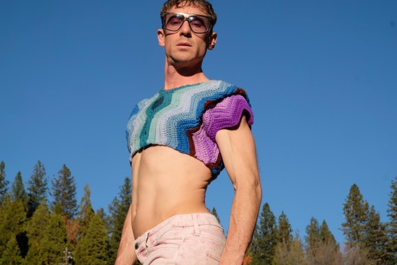 Crochet Crop Top Turquoise and Purple Diamonds and Galactic Sleevoids M