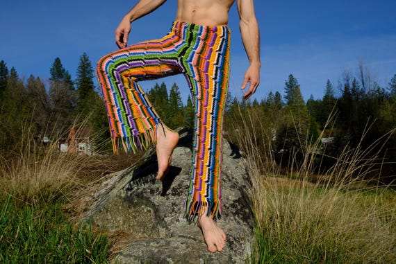 Crochet Pants Rainbow Vertical Stripe and Fringe M