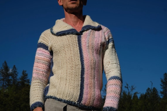 Crochet Sweater Butterfly Collar Pinks and Earth Tones Blue Border S