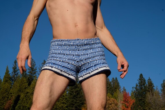 Crochet Booty Shorts Blue Black OpArt Style Super Soft M