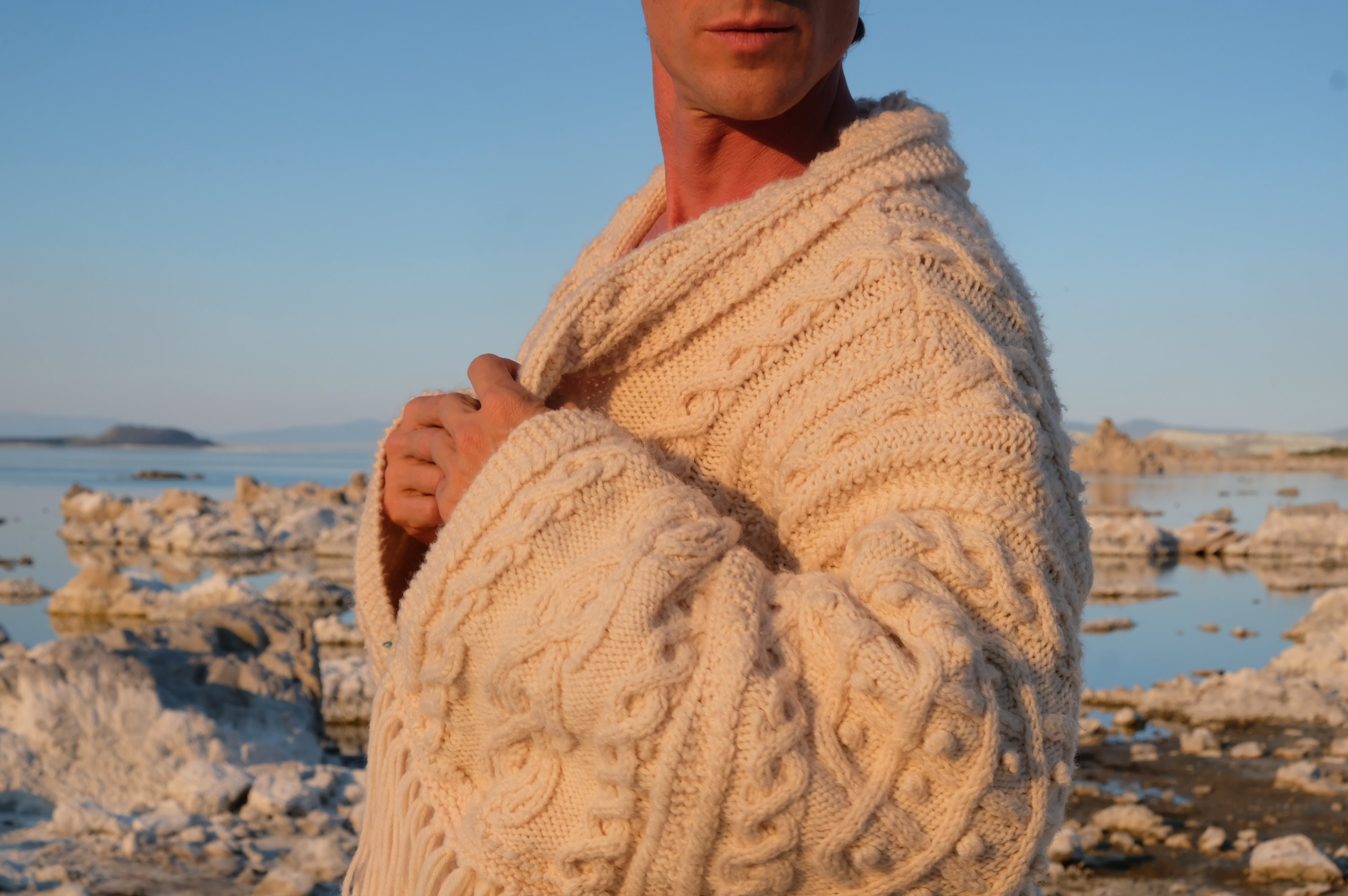 Knit Sweater Robe Long Fringe Cables Plush White L but fits larger and