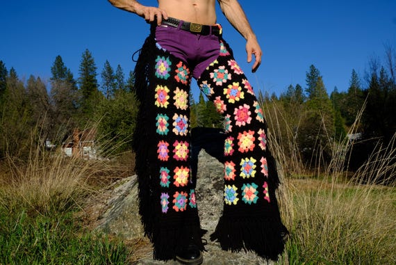 Crochet Chaps Multicolor Squares on Black with MegaFringe M