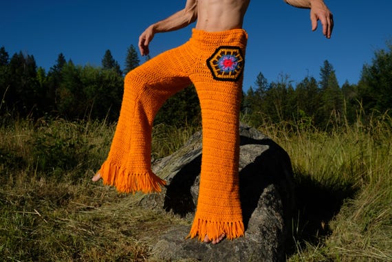 Crochet Pants Bright Gold Flares with Pocket XL