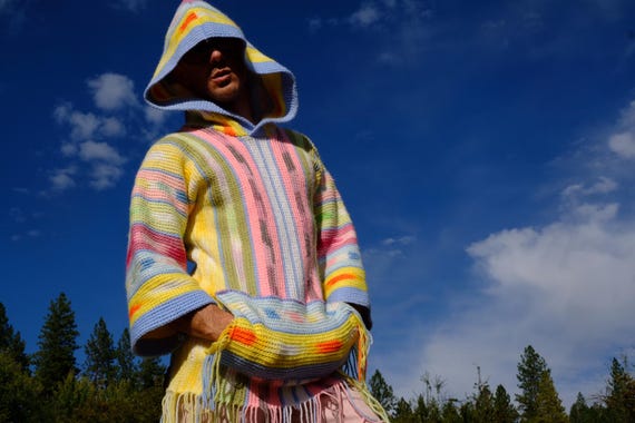 Crochet Hoodie Psychedelic Soft Pastel Stripes S Long