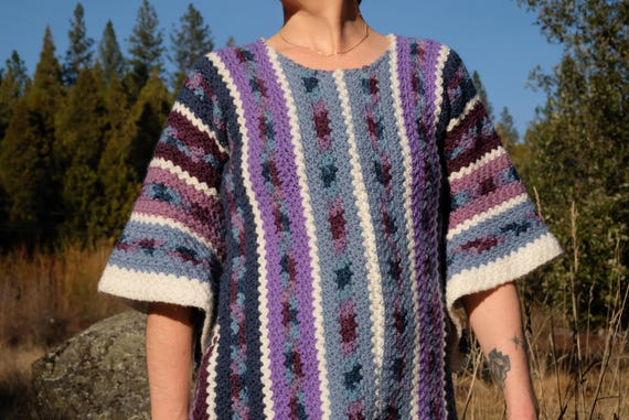 Crochet Dress Purple and White Lines Flared M